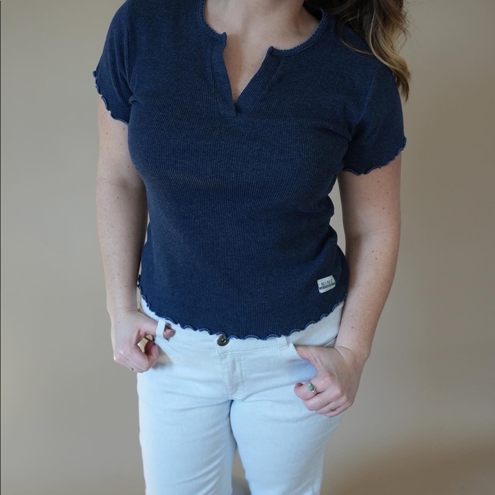 Navy vintage t-shirt. Frilly sleeves and bottom.
